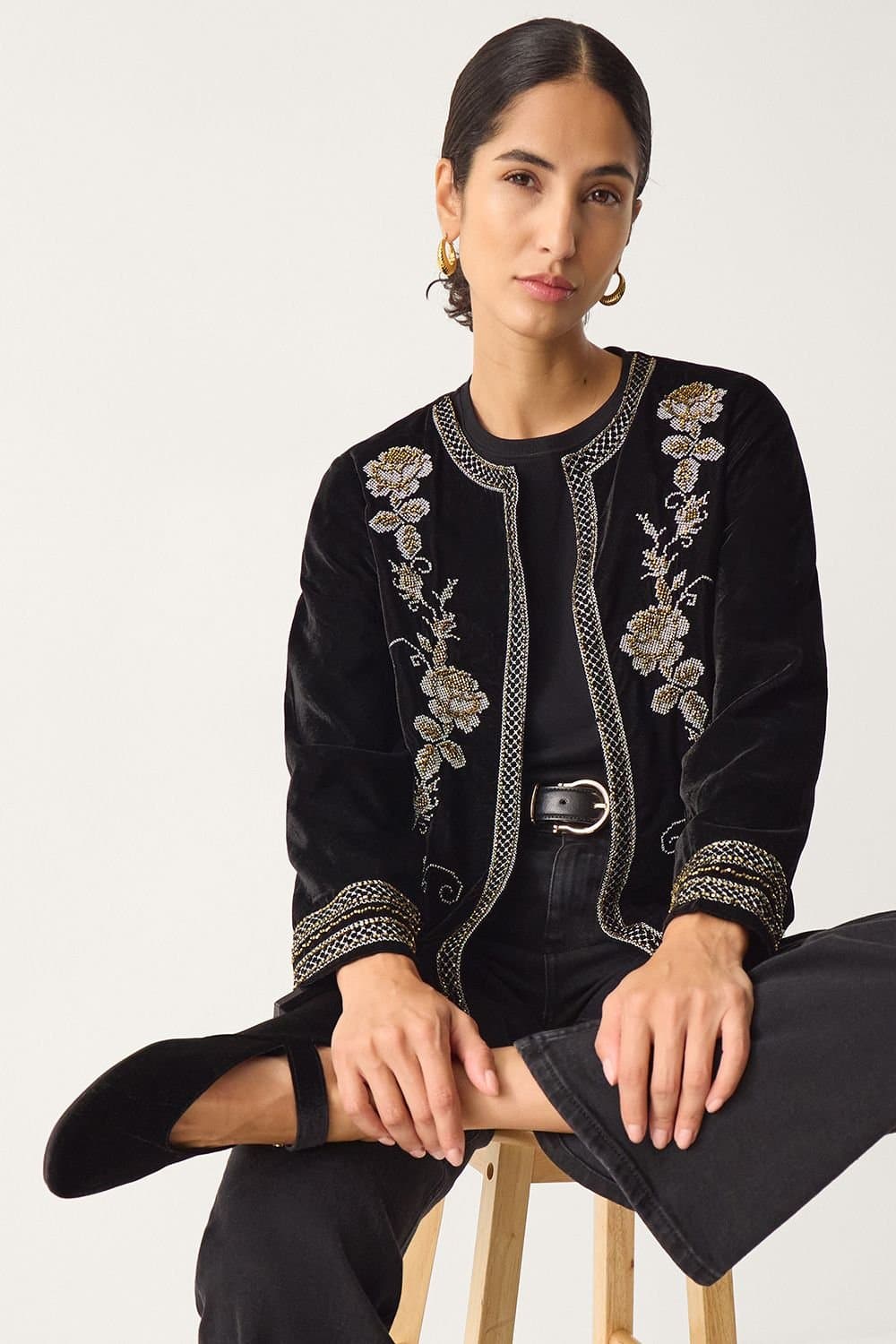 Monsoon Monsoon Black Floral Embellished Velvet Jacket