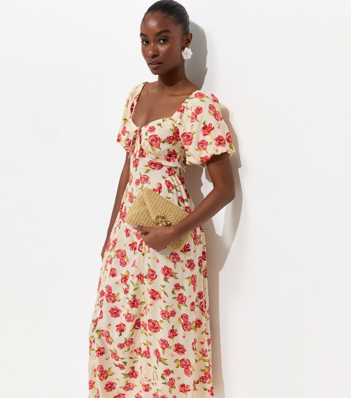New Look Women's White Rose Print Fitted Waist Milkmaid Midi Dress New Look
