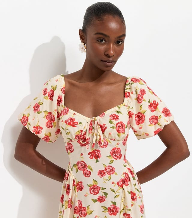 New Look Women's White Rose Print Fitted Waist Milkmaid Midi Dress New Look - 2