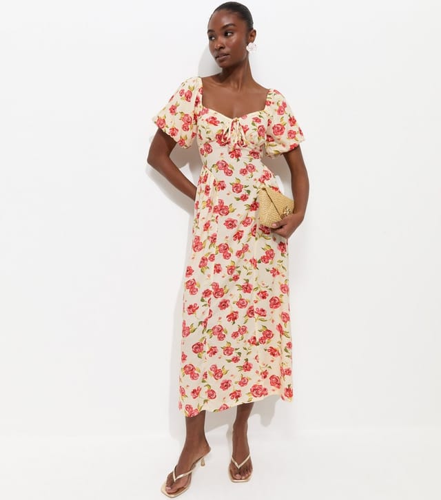 New Look Women's White Rose Print Fitted Waist Milkmaid Midi Dress New Look - 3
