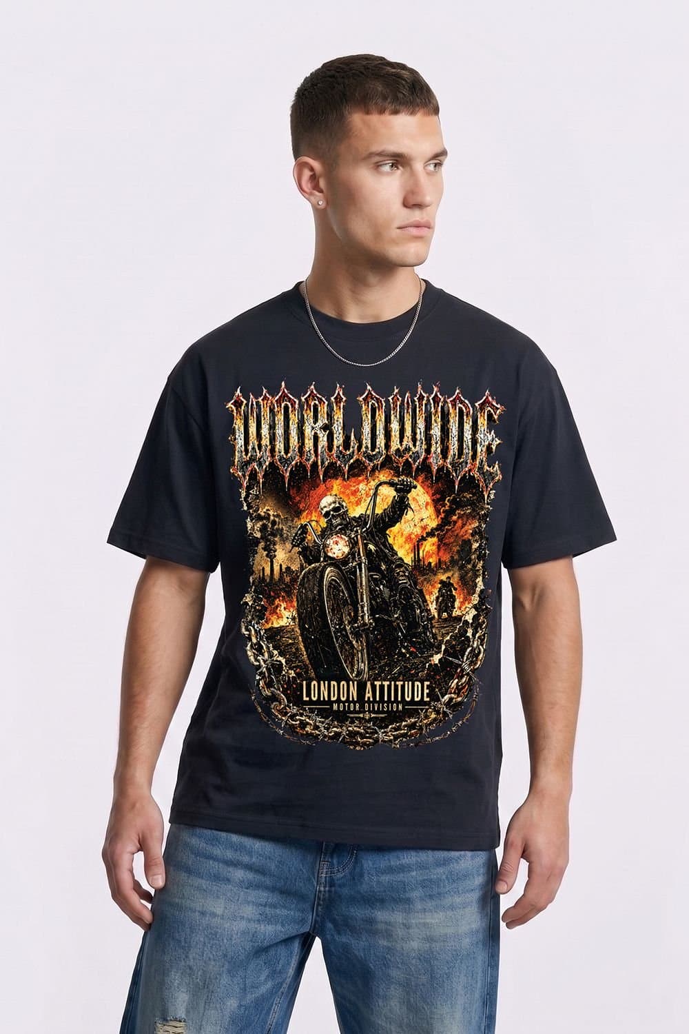 LONDON ATTITUDE LONDON ATTITUDE Men's Worldwide Skull Biker Oversized Heavyweight Graphic T-Shirt in Black