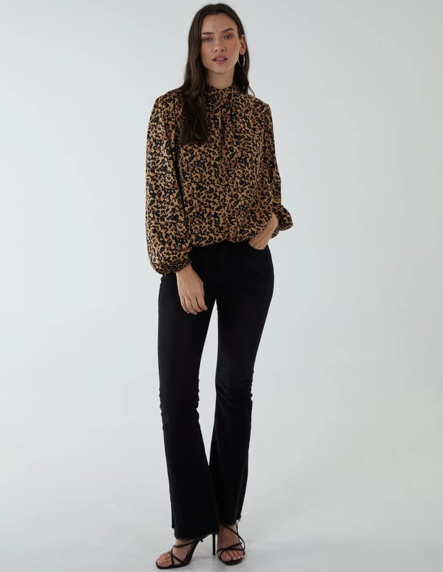Blue Vanilla High Neck Leopard Print Satin Blouson Top - 2