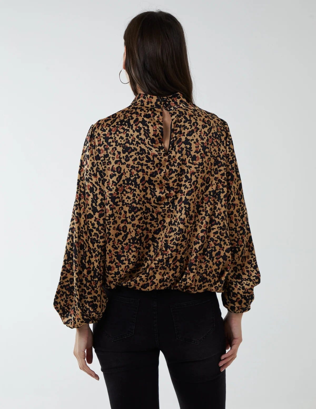 Blue Vanilla High Neck Leopard Print Satin Blouson Top - 4
