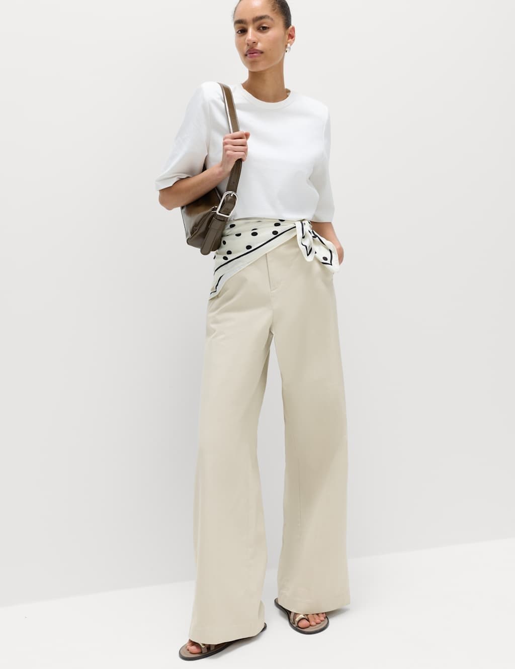 Marks & Spencer M&S Stone Cotton-Rich Wide Leg Chinos