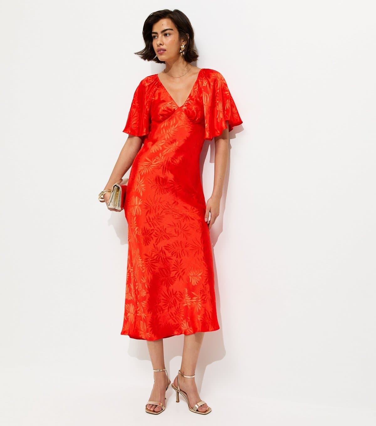 New Look Women's Bright Orange Palm Leaf Jacquard Flutter Sleeve Midi Dress New Look