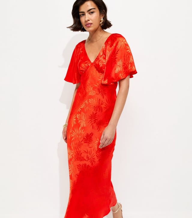 New Look Women's Bright Orange Palm Leaf Jacquard Flutter Sleeve Midi Dress New Look - 2
