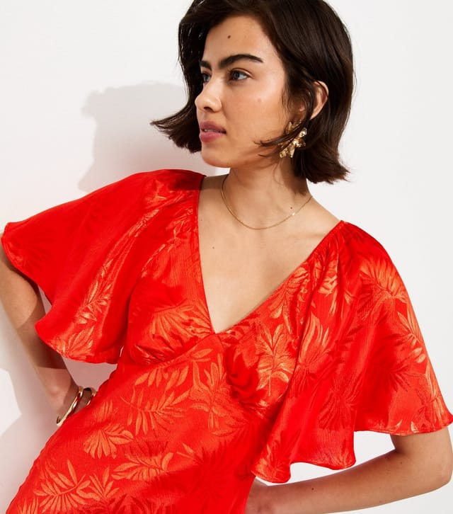 New Look Women's Bright Orange Palm Leaf Jacquard Flutter Sleeve Midi Dress New Look - 3