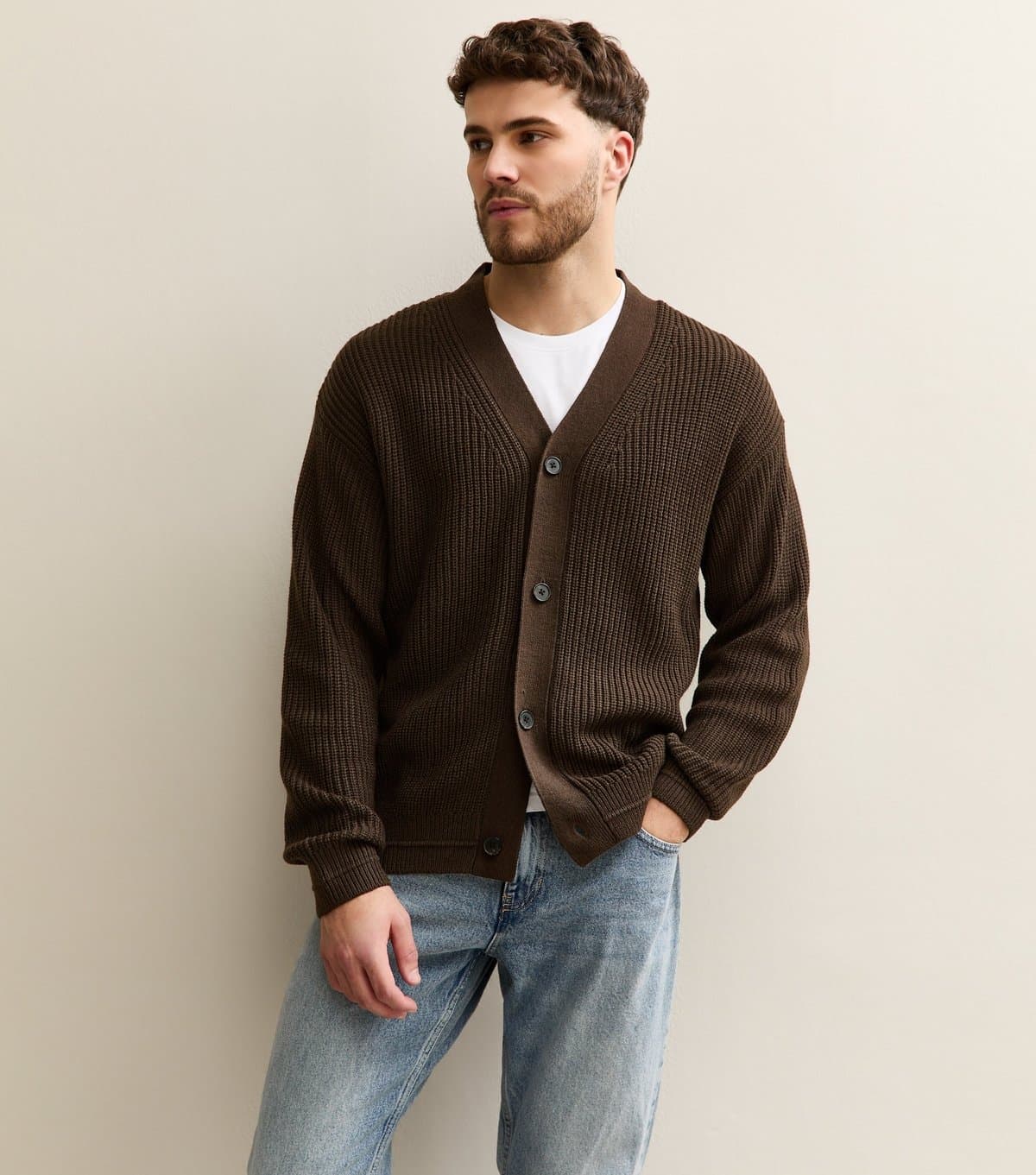 jack & jones Men's Dark Brown Regular V-Neck Cardigan Jack & Jones New Look