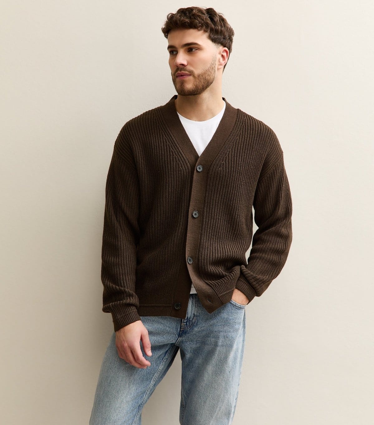 jack & jones Men's Dark Brown Regular V-Neck Cardigan Jack & Jones New Look - 1