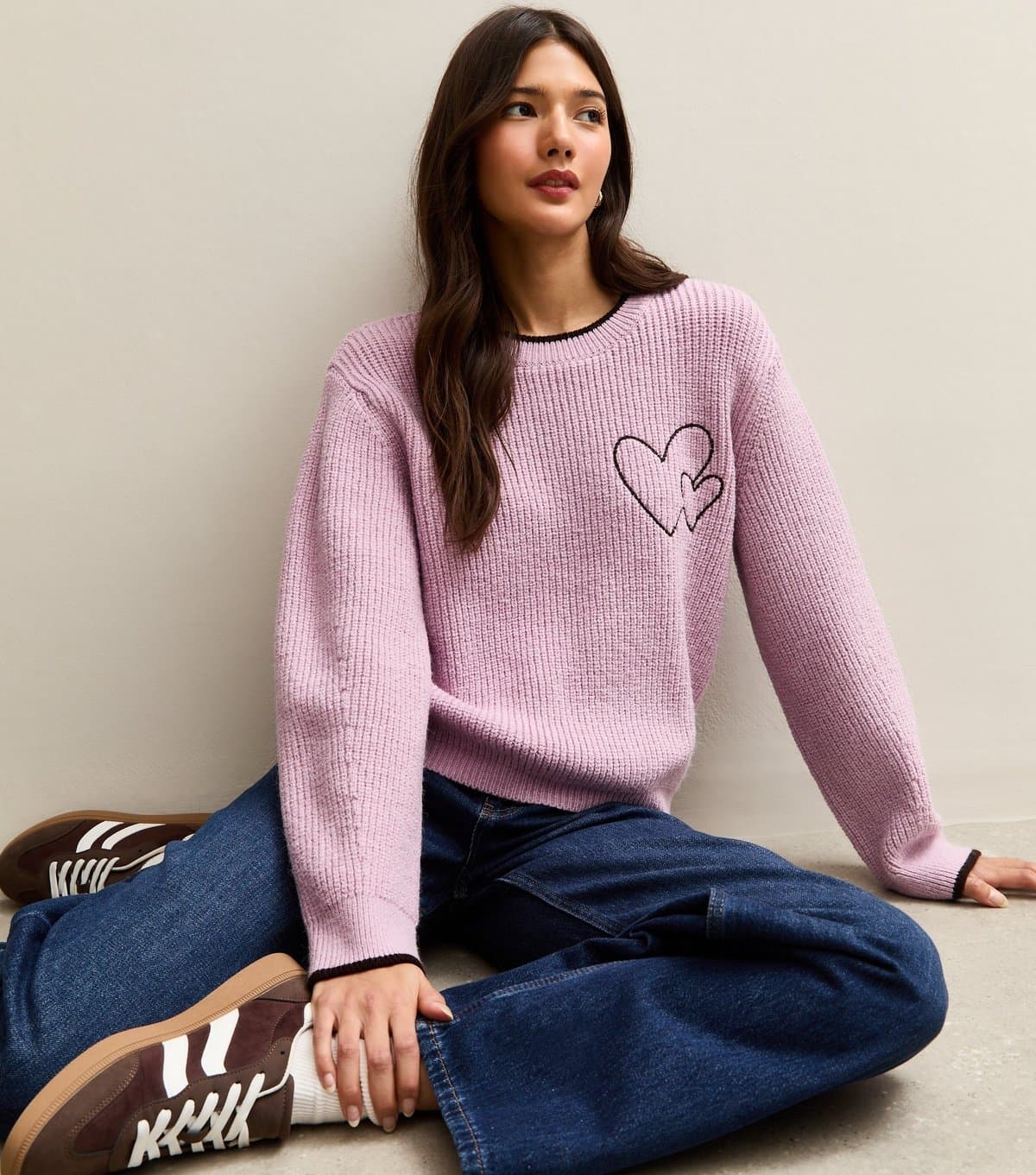 New Look Women's Pink Embroidered Heart Knit Jumper New Look