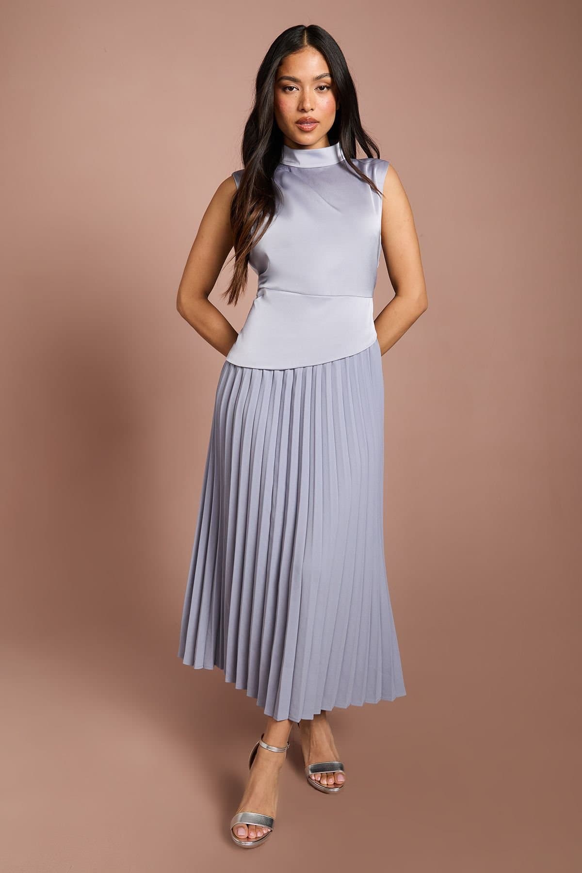 Coast Coast Women's Petite Drape High Neck Pleated Skirt Midi Dress in Dusty Blue