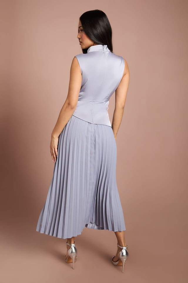 Coast Coast Women's Petite Drape High Neck Pleated Skirt Midi Dress in Dusty Blue - 3