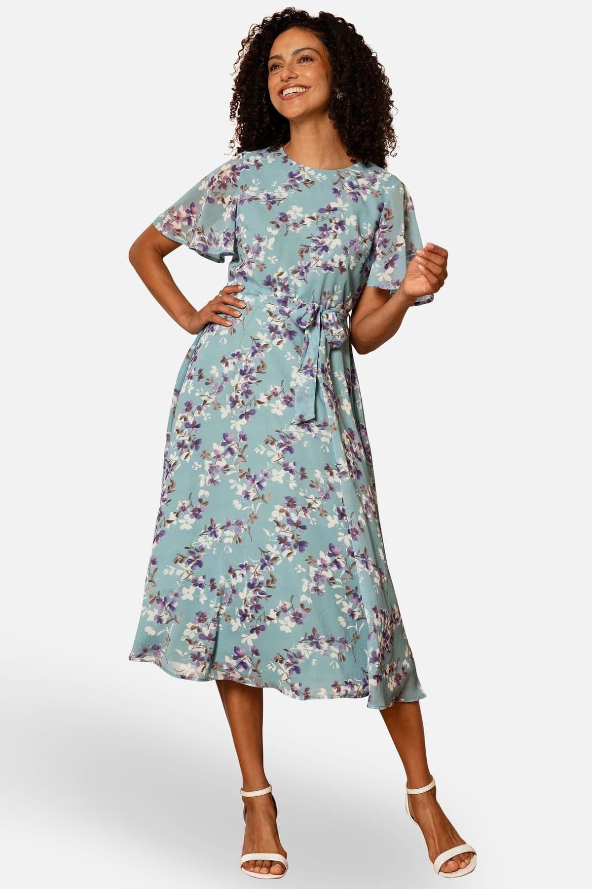 Yumi Yumi Women's Blossom Skater Midi Dress With Angel Sleeves in Duck Egg Blue