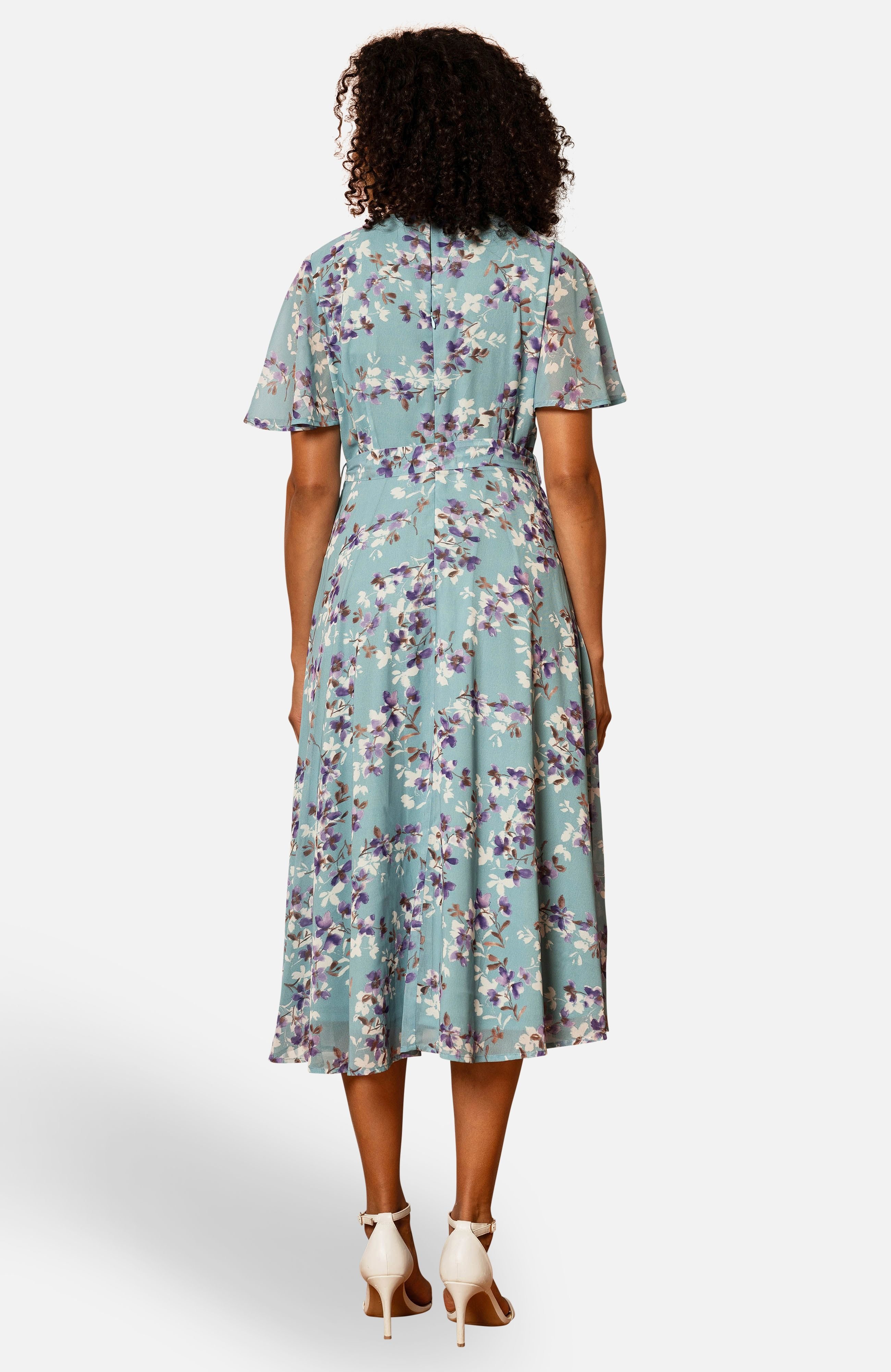 Yumi Yumi Women's Blossom Skater Midi Dress With Angel Sleeves in Duck Egg Blue - 2