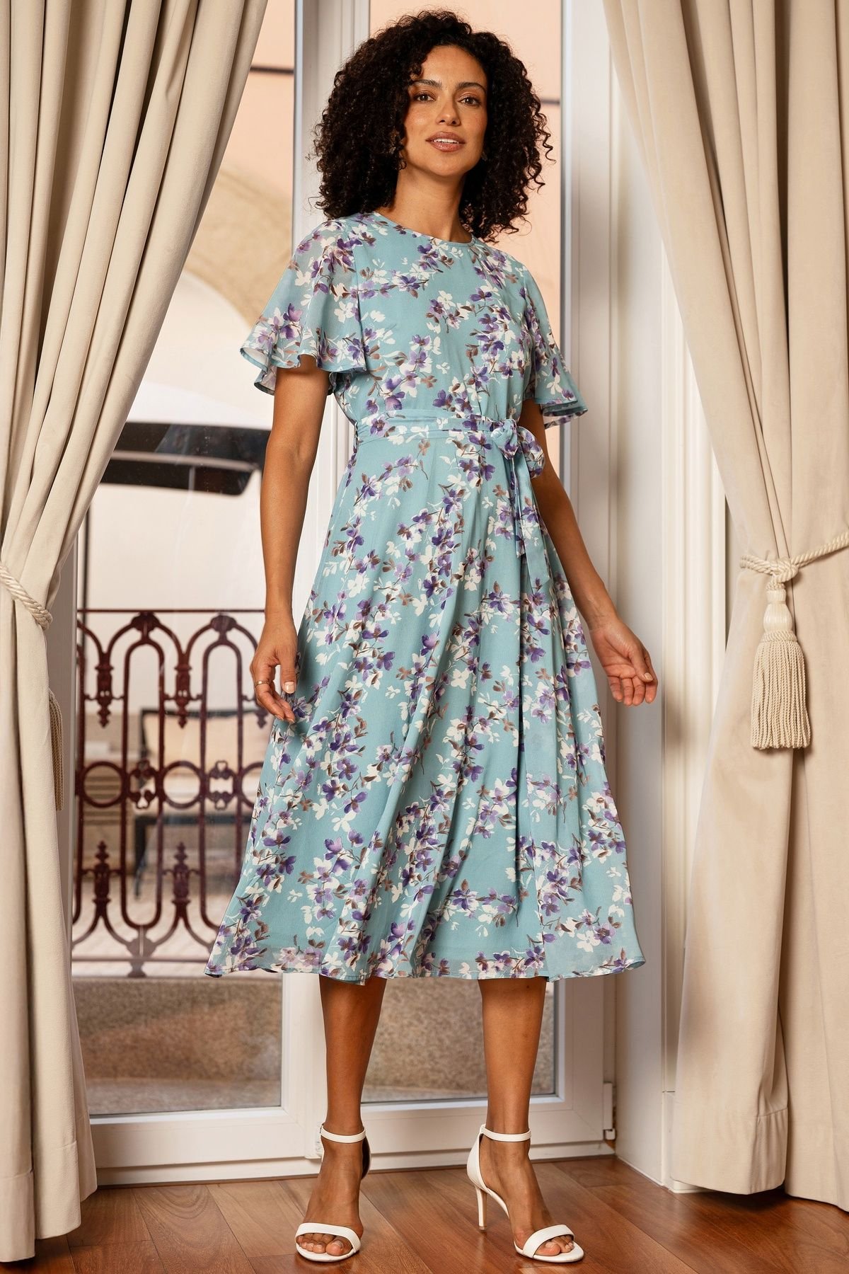 Yumi Yumi Women's Blossom Skater Midi Dress With Angel Sleeves in Duck Egg Blue - 3