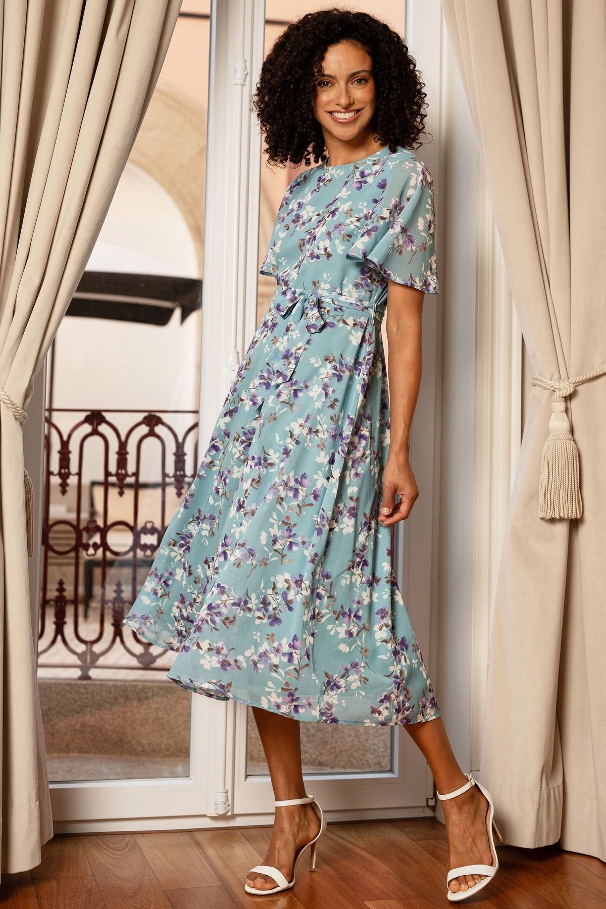 Yumi Yumi Women's Blossom Skater Midi Dress With Angel Sleeves in Duck Egg Blue - 4