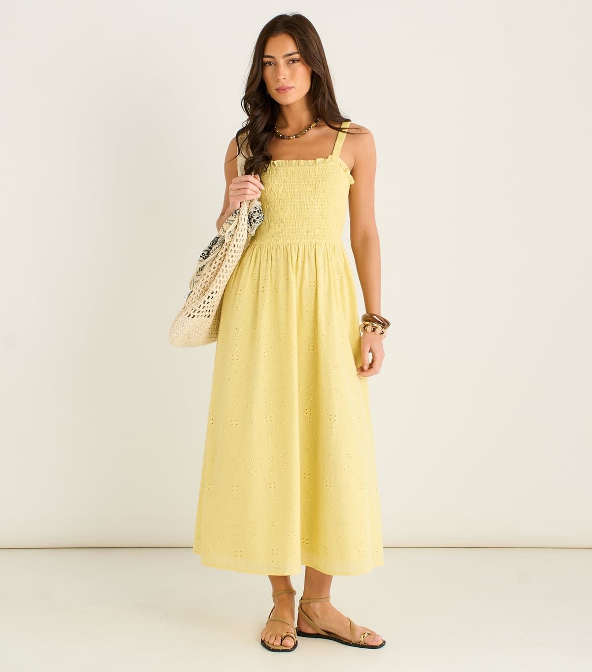 Gini London Women's Light Yellow Broderie Anglaise Shirred Midi Dress Gini London New Look