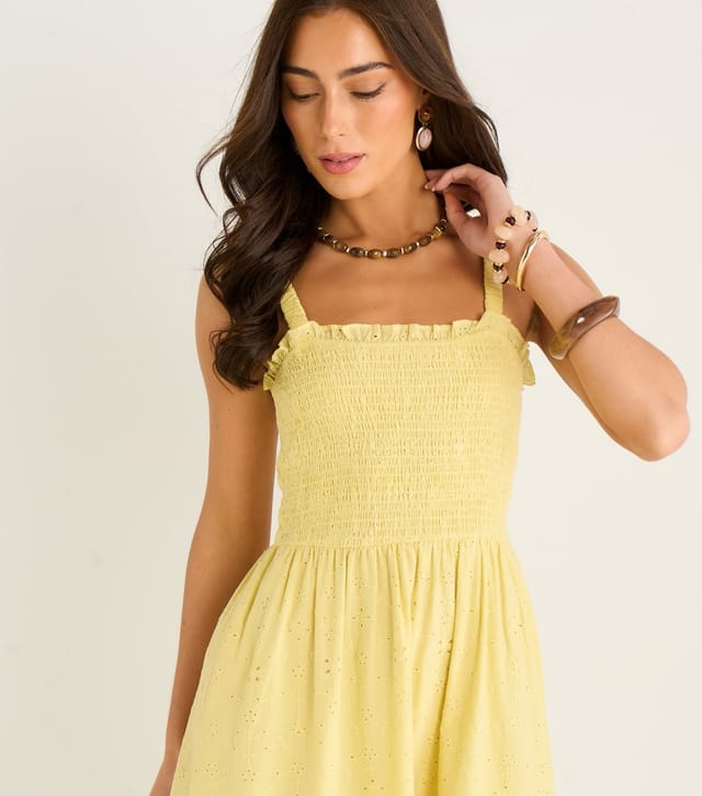 Gini London Women's Light Yellow Broderie Anglaise Shirred Midi Dress Gini London New Look - 2