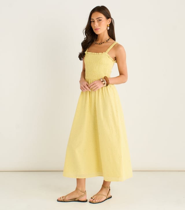 Gini London Women's Light Yellow Broderie Anglaise Shirred Midi Dress Gini London New Look - 3