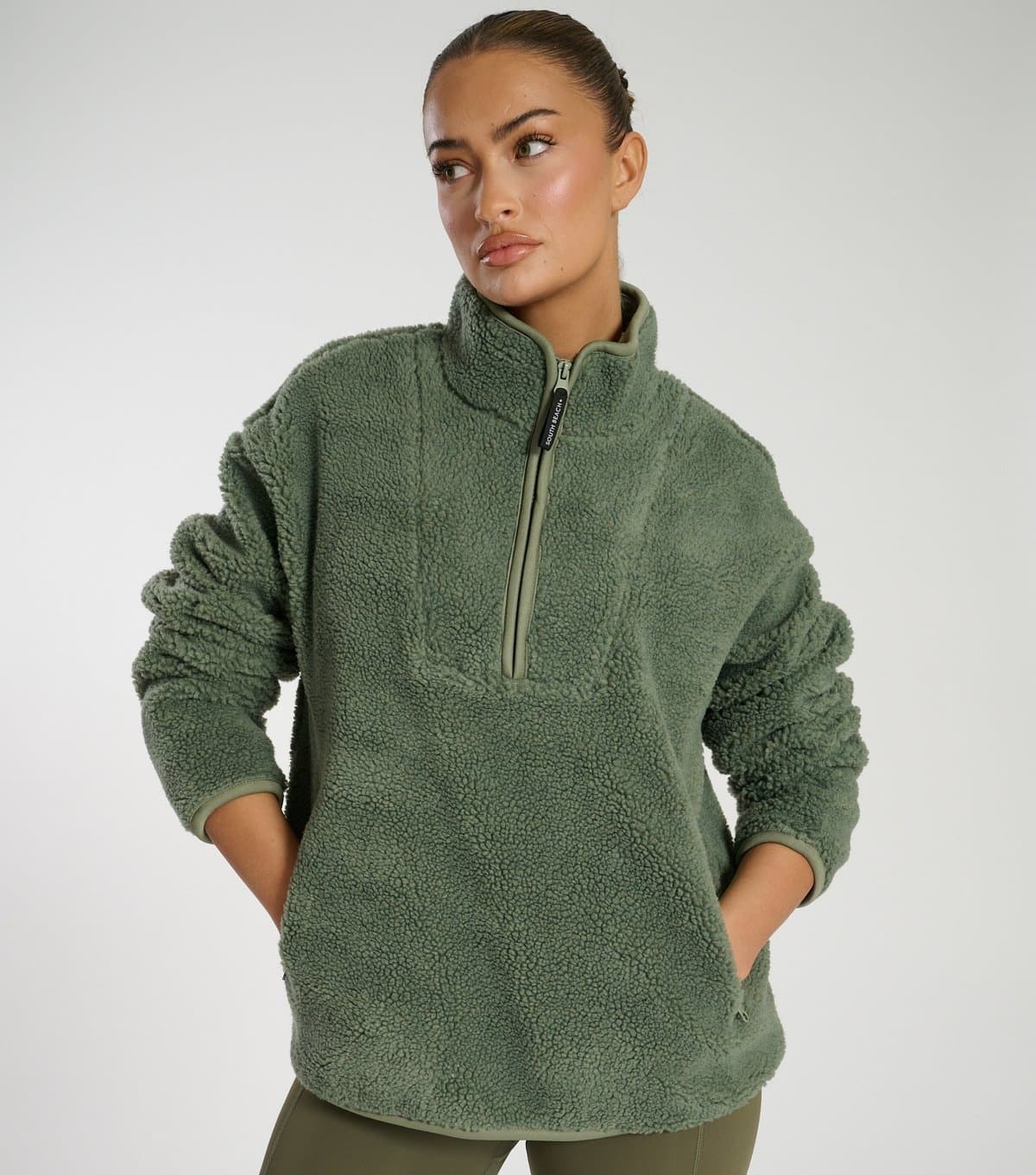 South Beach Women's Green Quarter Zip Borg Jacket South Beach New Look