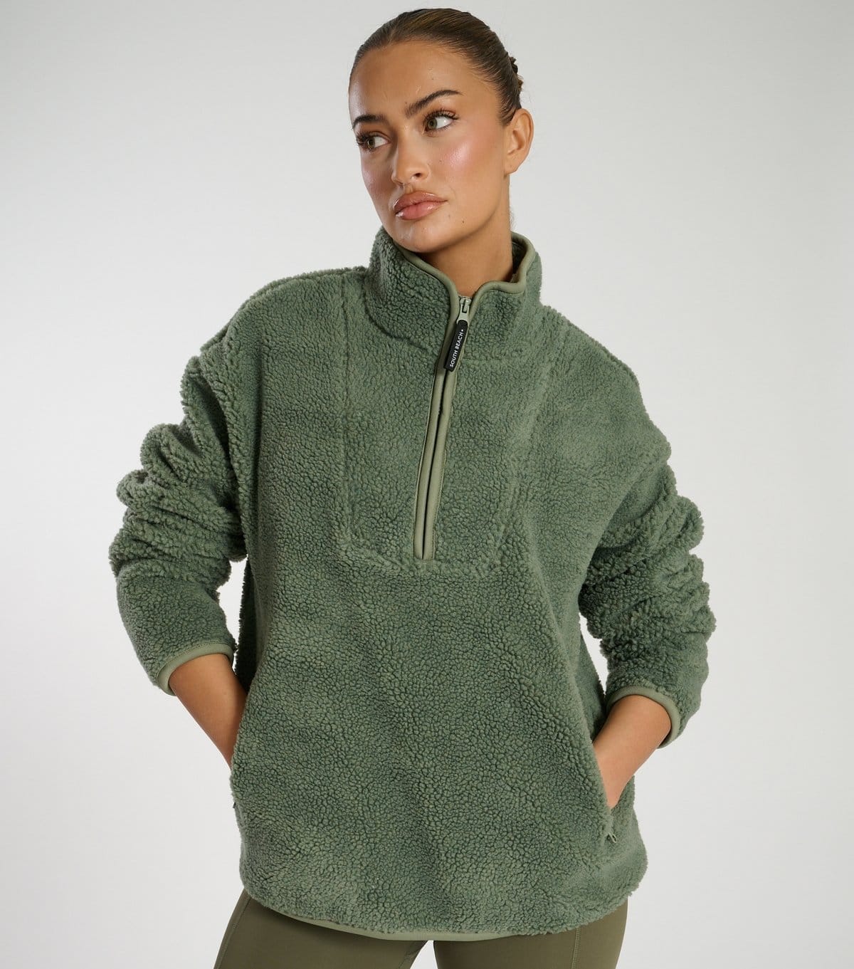 South Beach Green Borg Quarter Zip Jacket