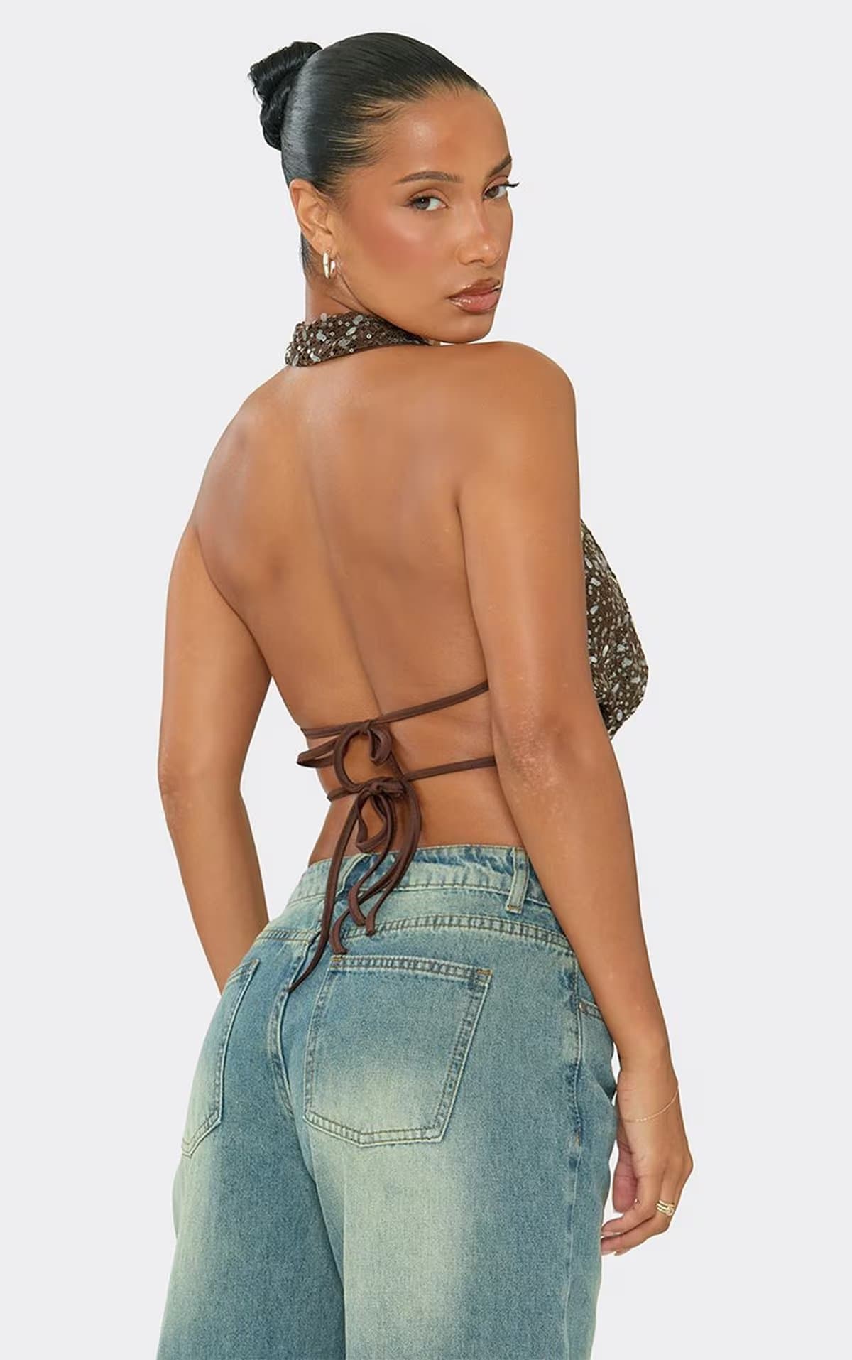 EGO EGO Chocolate Brown Sequin Halterneck Cowl Front Crop Top
