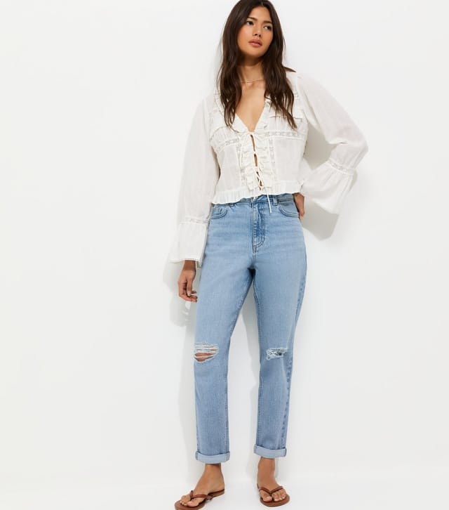 New Look Women's Blue Ripped Textured Mom Tori Jeans New Look - 3