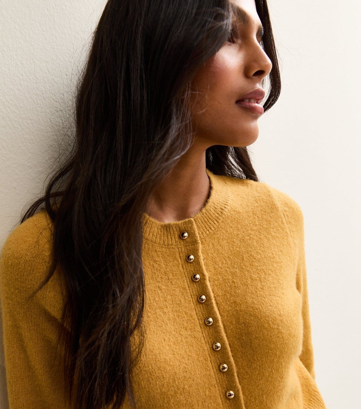 New Look Mustard Yellow Crew Neck Studded Cardigan