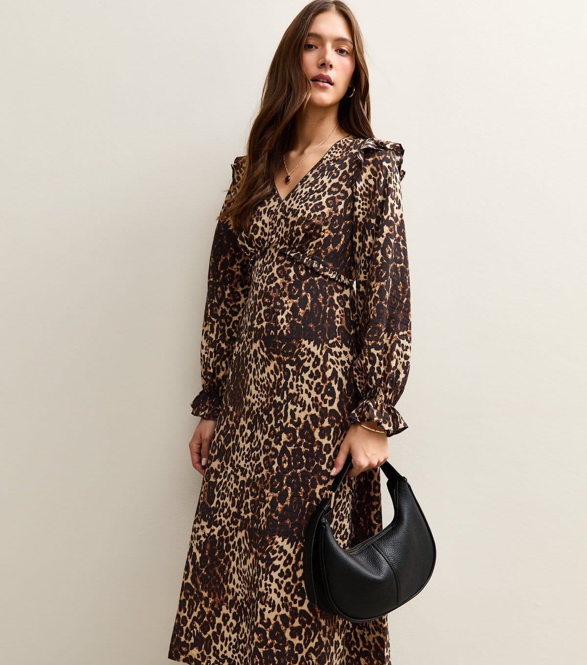 New Look Brown Animal Print Frill Shoulder Midi Dress