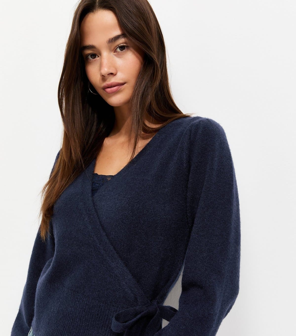 New Look Women's Navy Puff Sleeve Knitted Wrap Jumper New Look