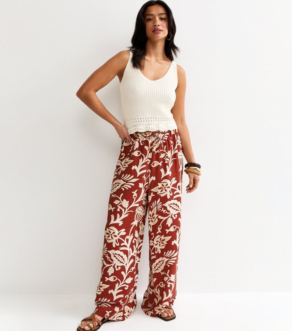 New Look Women's Petite Red Floral Drawstring Wide Leg Trousers New Look