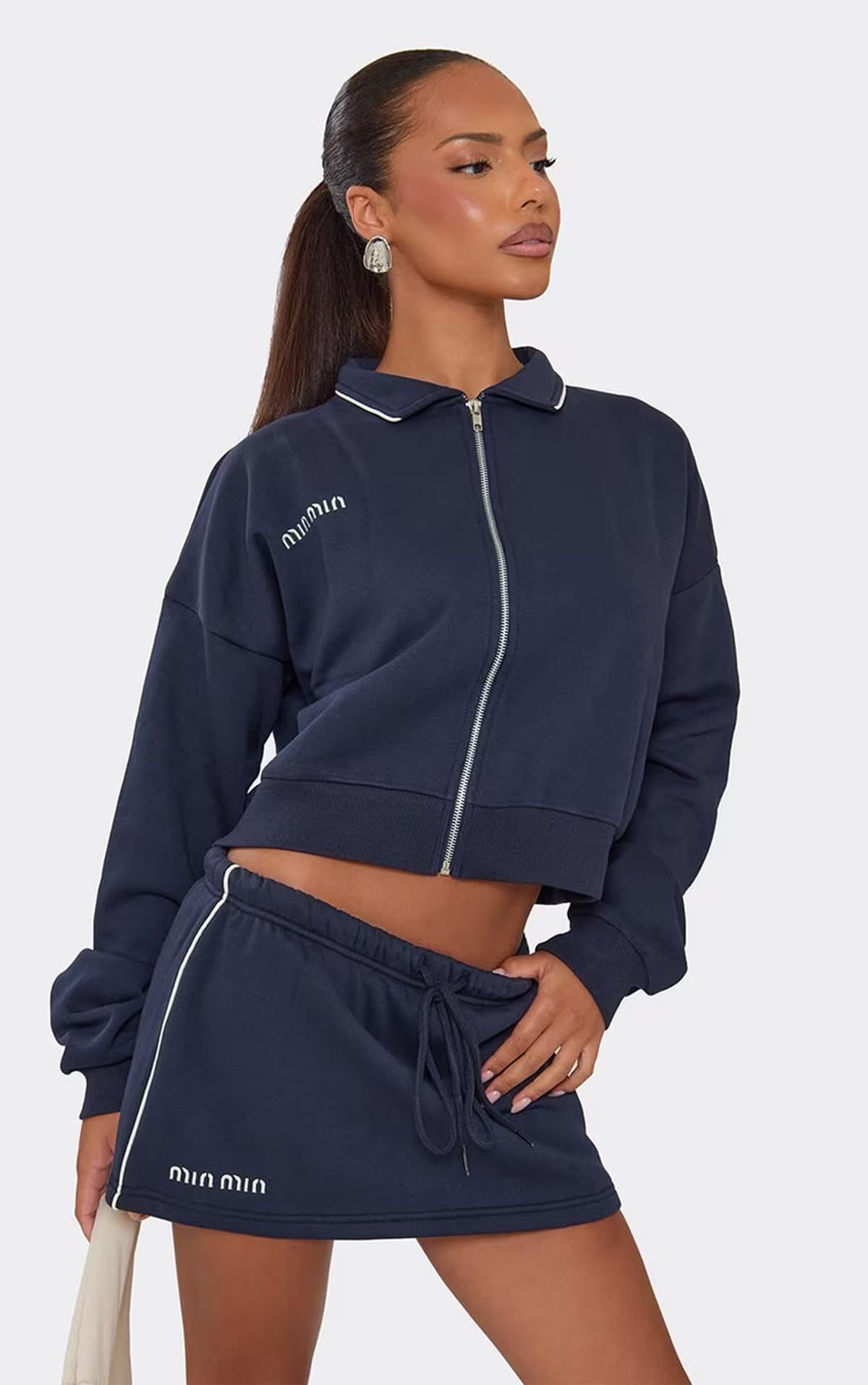 EGO EGO Navy Long Sleeve Graphic Detail Zip Up Collared Sweatshirt