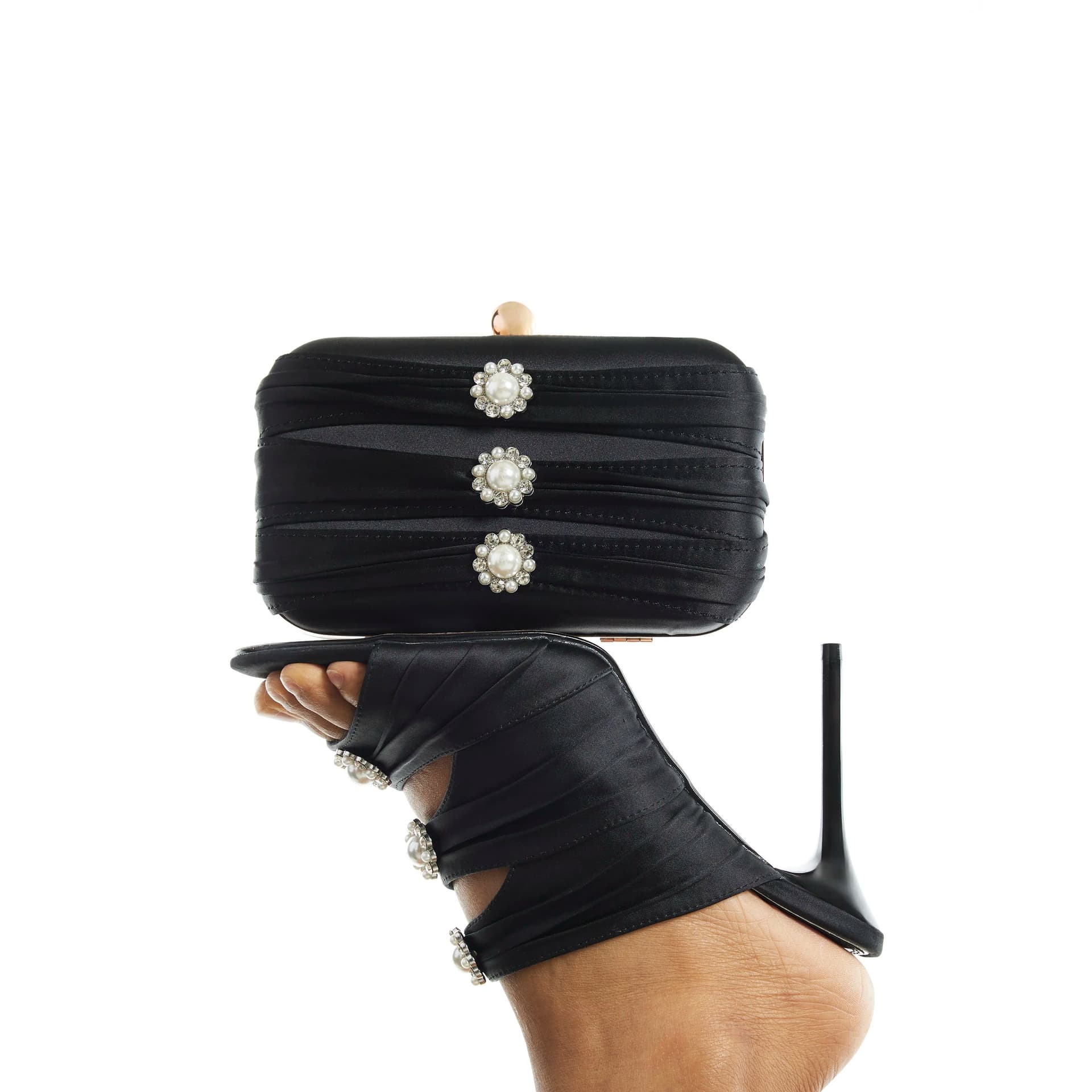 River Island River Island Womens Black Satin Pearl Detail Clutch Bag