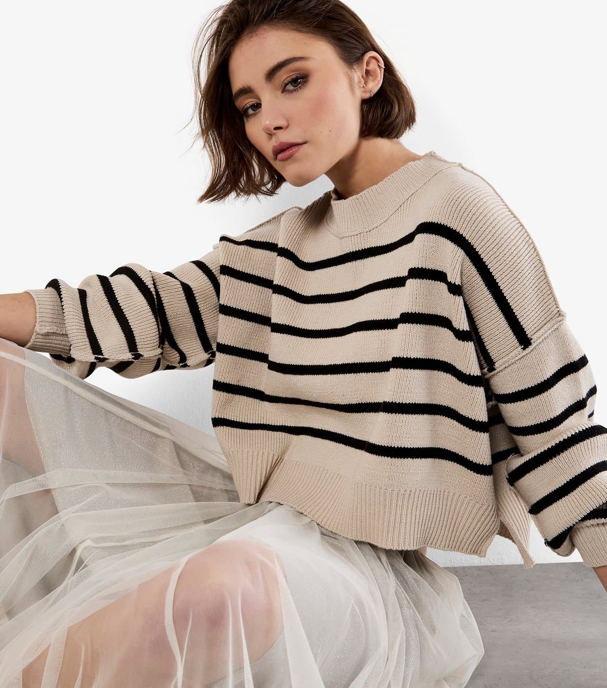 Apricot Women's Stone Striped Slit Hem Jumper Apricot New Look