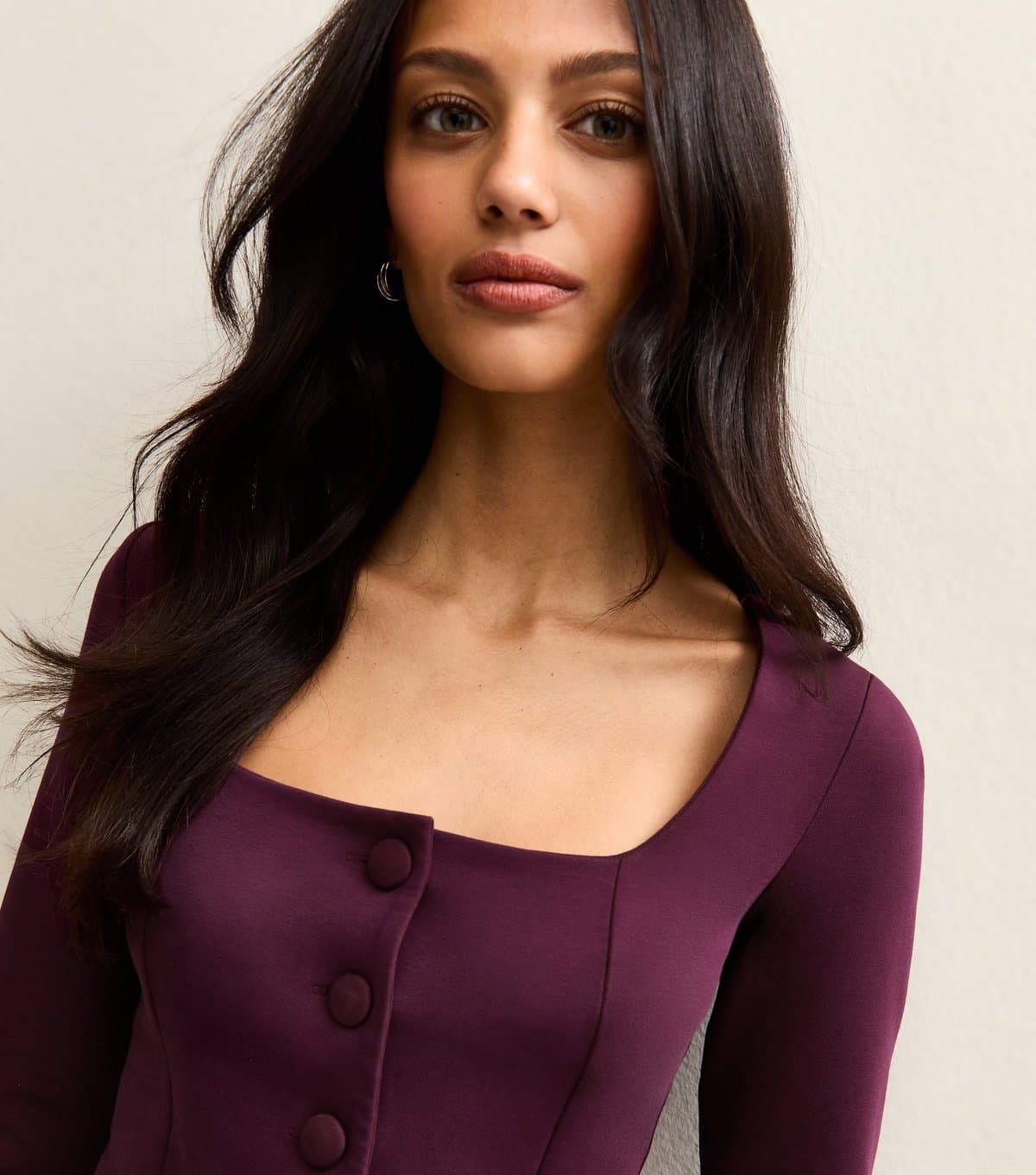 New Look Women's Dark Burgundy Jersey Buttoned Square Neck Top New Look