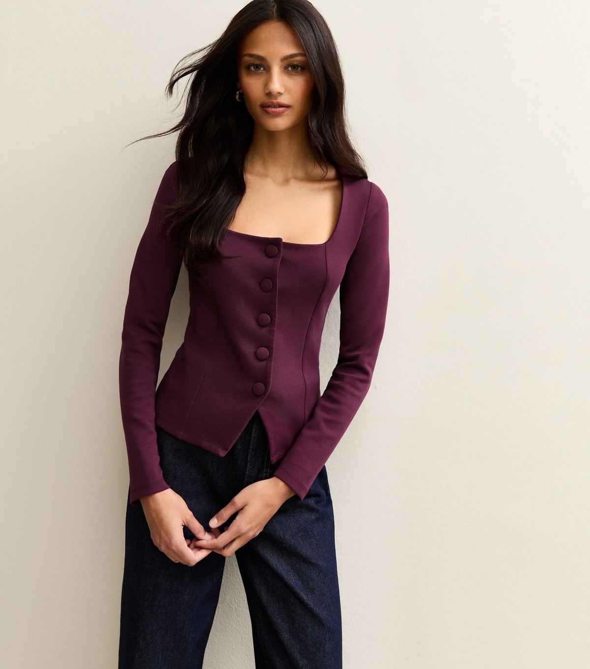 New Look Women's Dark Burgundy Jersey Buttoned Square Neck Top New Look - 2