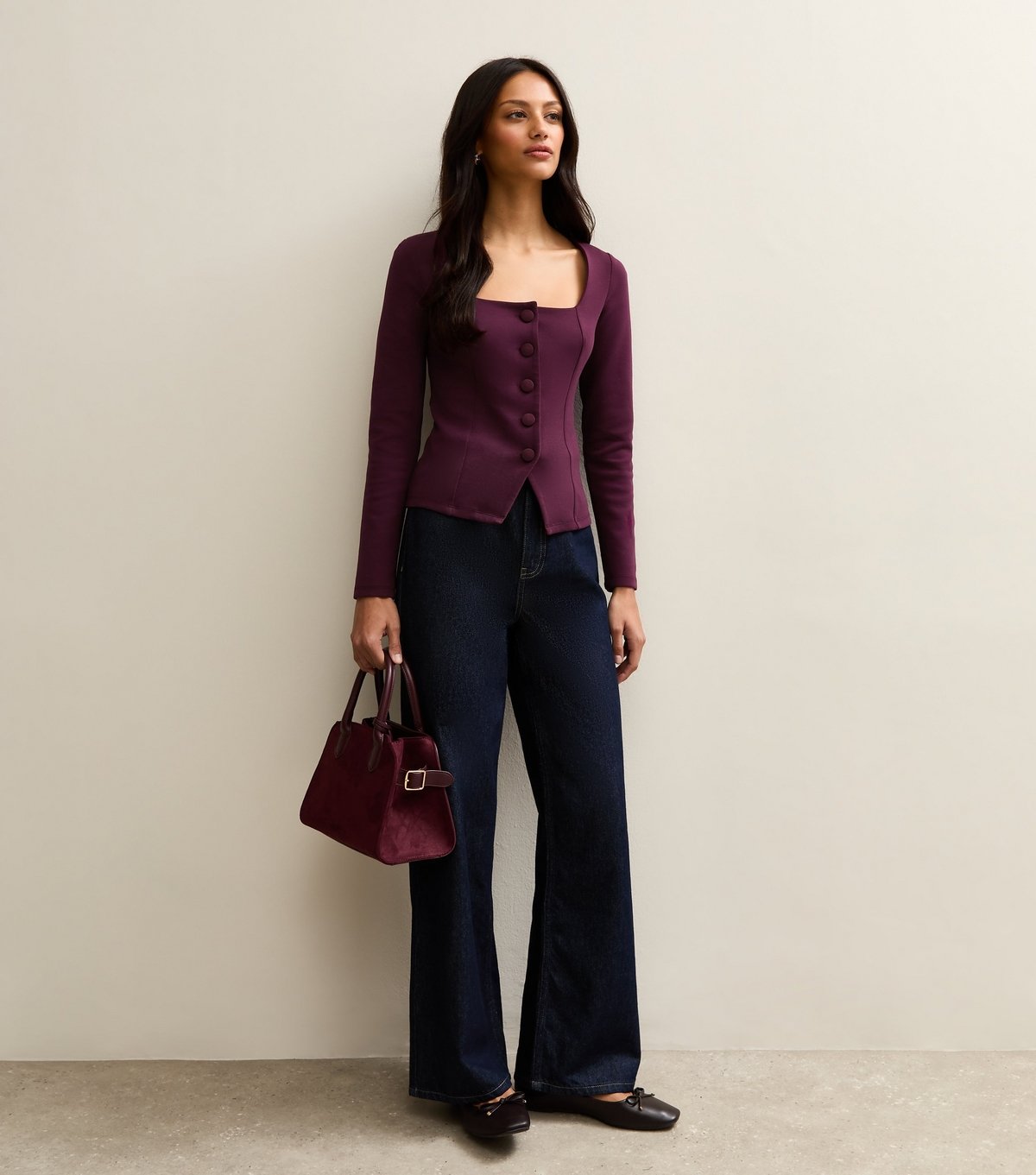 New Look Women's Dark Burgundy Jersey Buttoned Square Neck Top New Look - 3