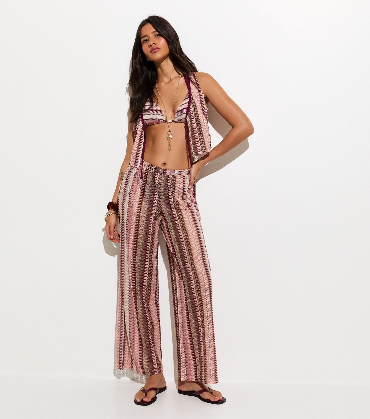 New Look Women's Dark Pink Striped Crochet Triangle Bikini Top New Look - 3