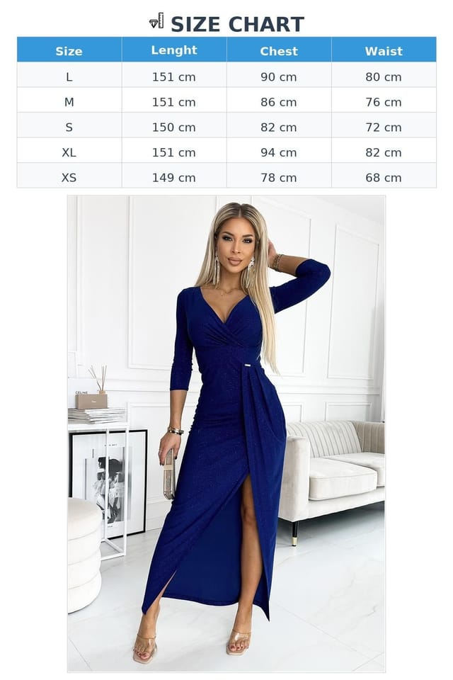 Love Lace Love Lace Women's Glitter Maxi Long Dress Envelope Neckline Slit in Blue - 3