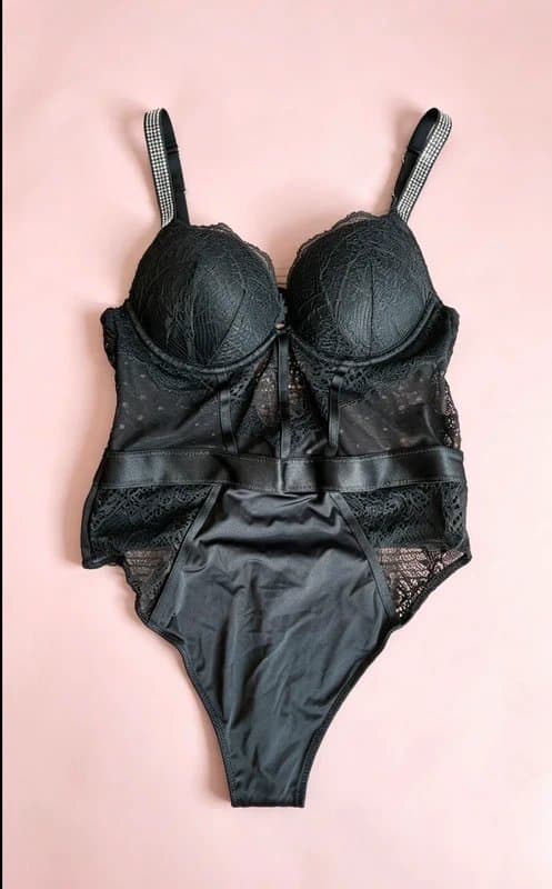 New Look New Look Black Lace Corset Bodysuit | Diamanté Straps | size 32B