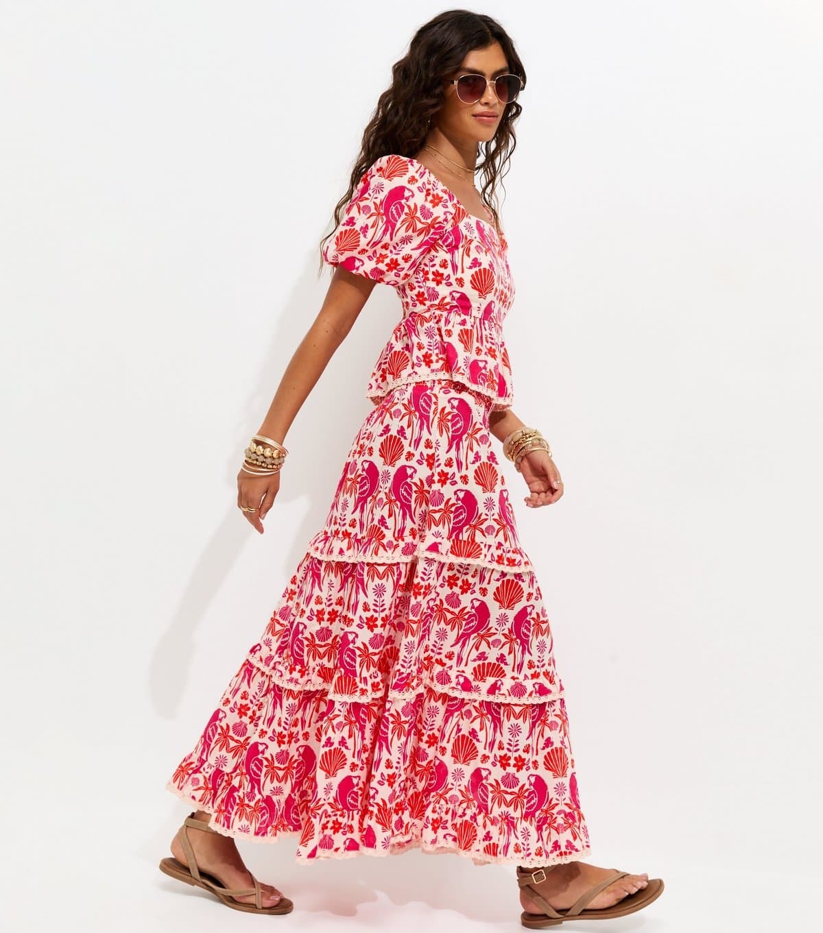 New Look Women's Pink Cotton Parrot Shell Print Tiered Shirred Midi Skirt New Look