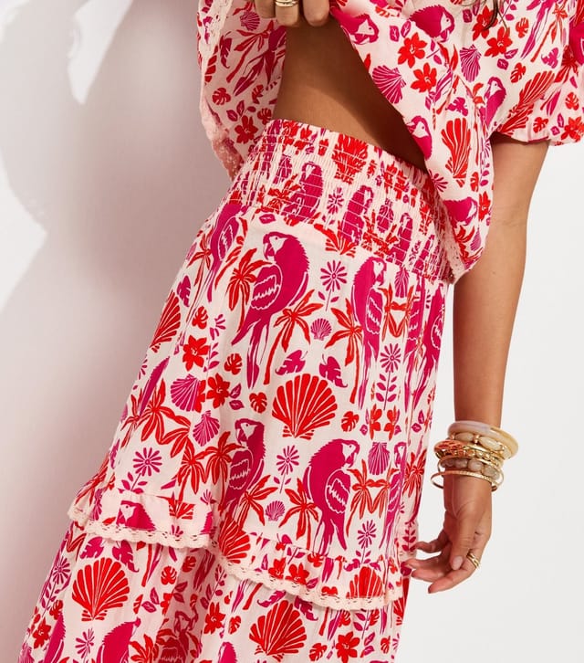 New Look Women's Pink Cotton Parrot Shell Print Tiered Shirred Midi Skirt New Look - 2