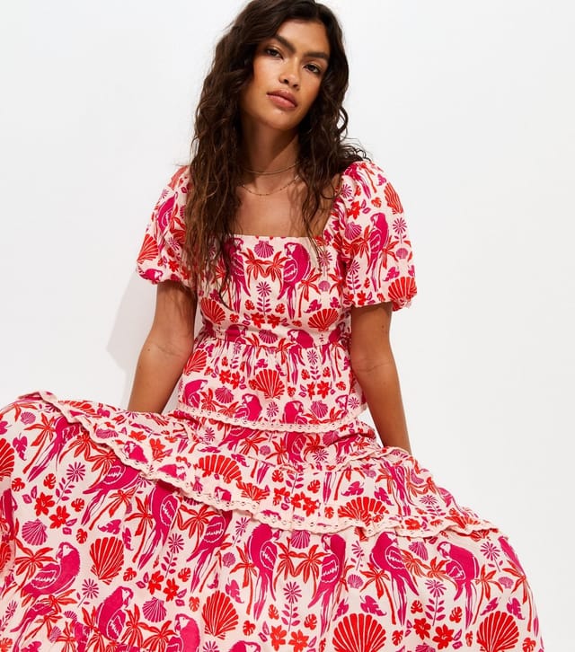 New Look Women's Pink Cotton Parrot Shell Print Tiered Shirred Midi Skirt New Look - 3