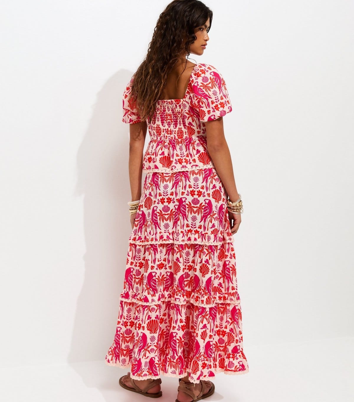 New Look Women's Pink Cotton Parrot Shell Print Tiered Shirred Midi Skirt New Look - 4