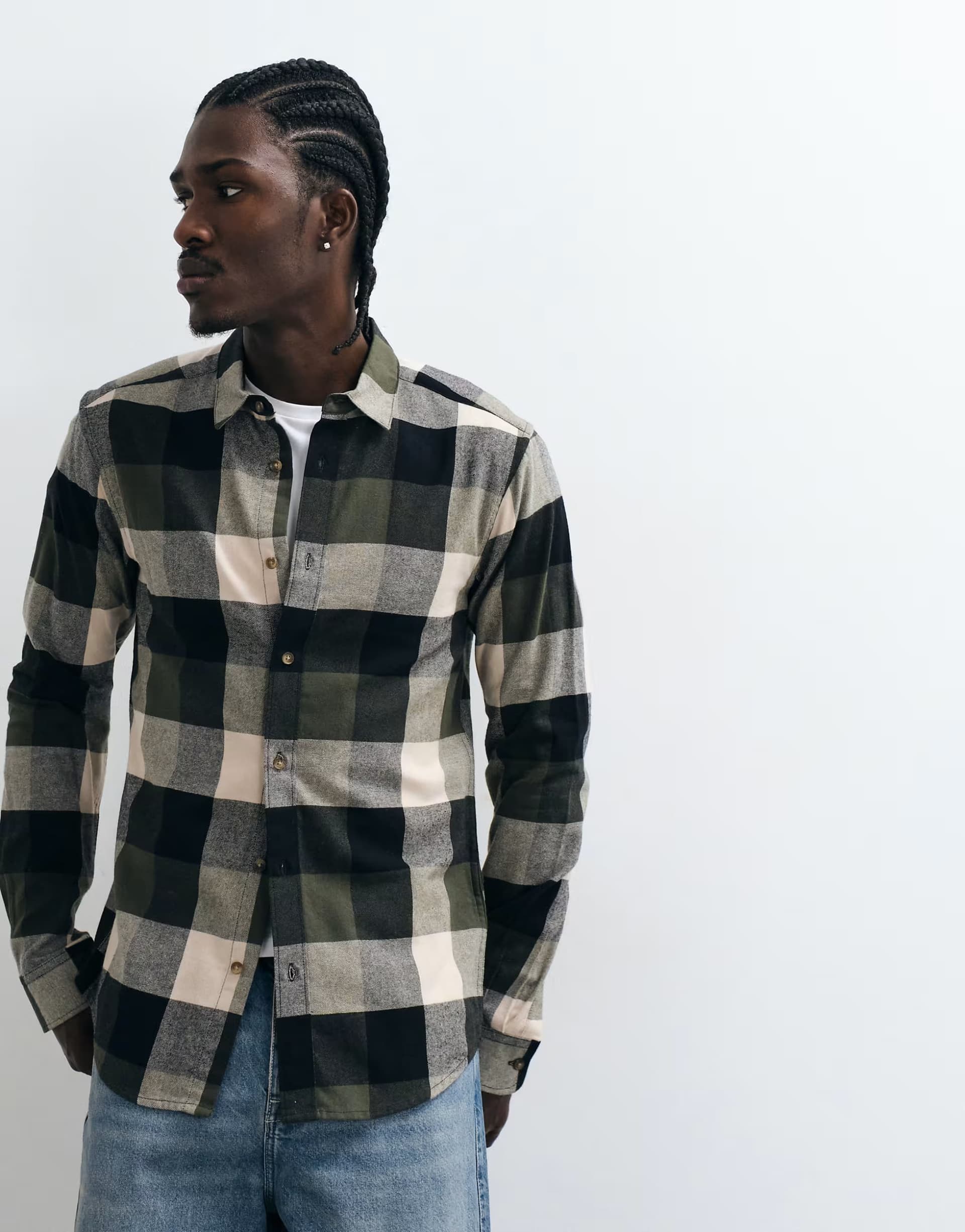ASOS ONLY & SONS buffalo check shirt in dark green & cream