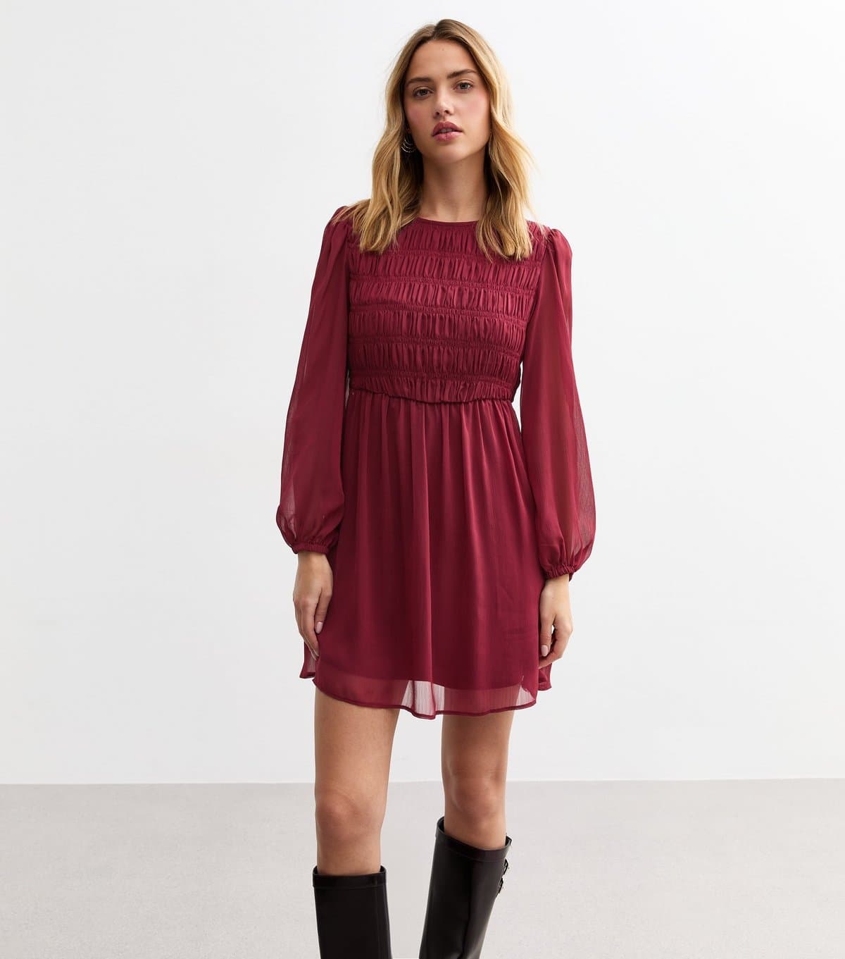 New Look Women's Burgundy Shirred Chiffon Mini Dress New Look