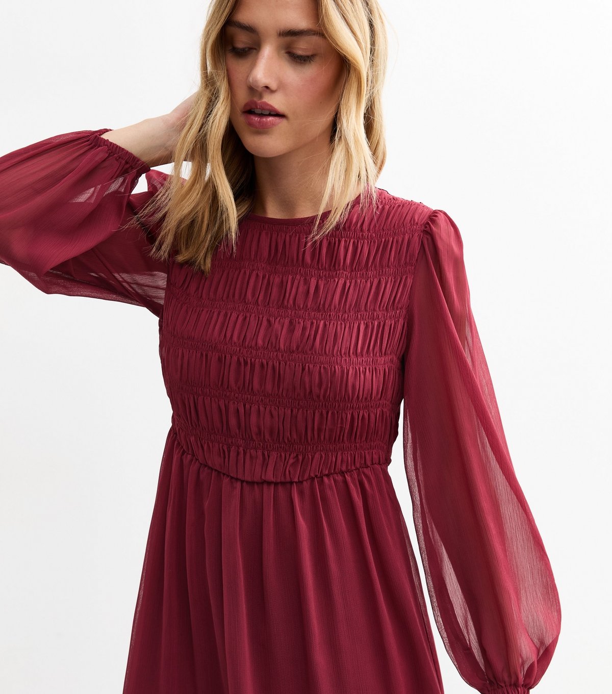 New Look Women's Burgundy Shirred Chiffon Mini Dress New Look - 2