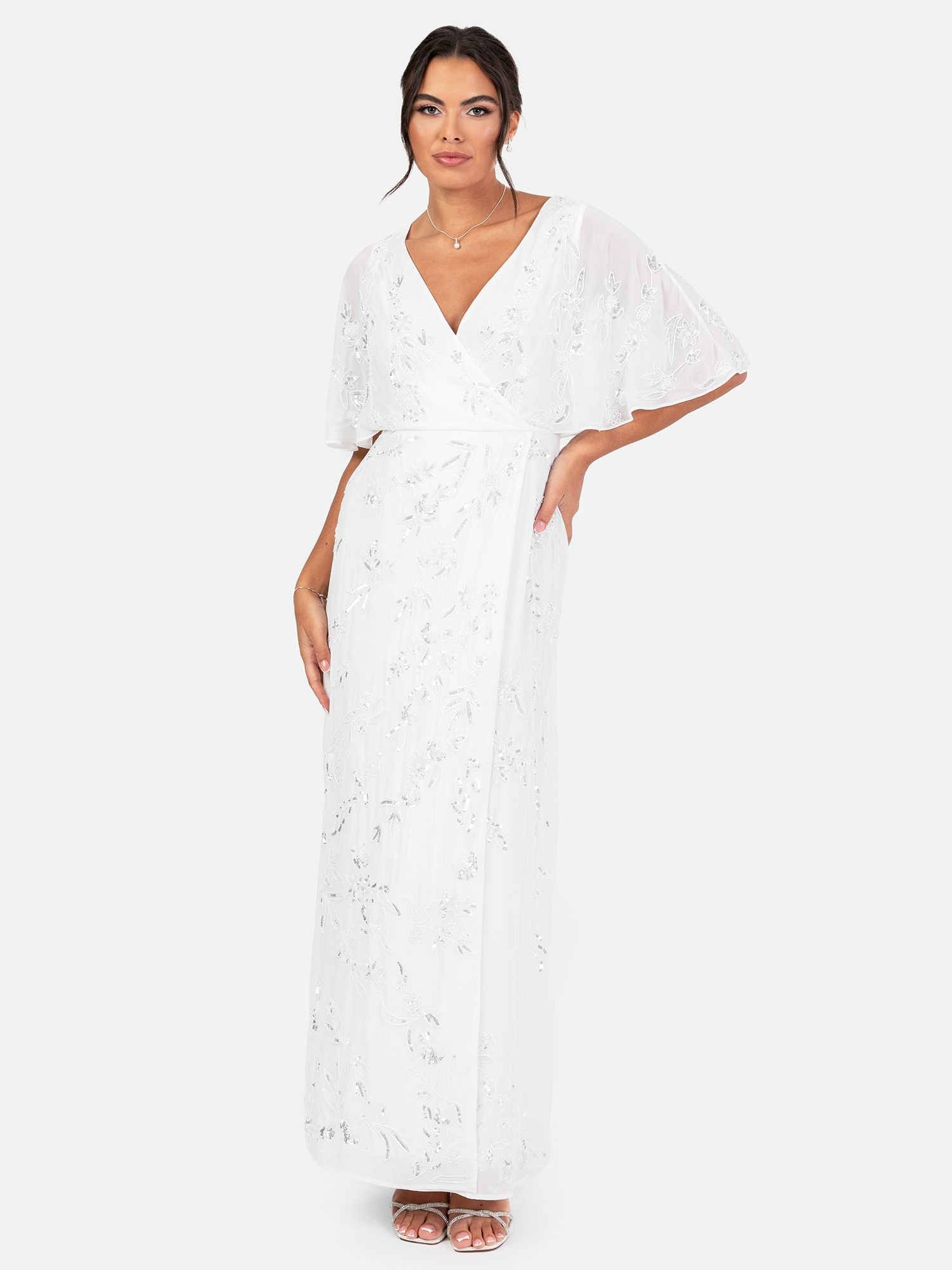 Maya Deluxe Maya Deluxe Women's Bridal Floral Embellished Cape Sleeve Faux Wrap Maxi Dress in White - 2