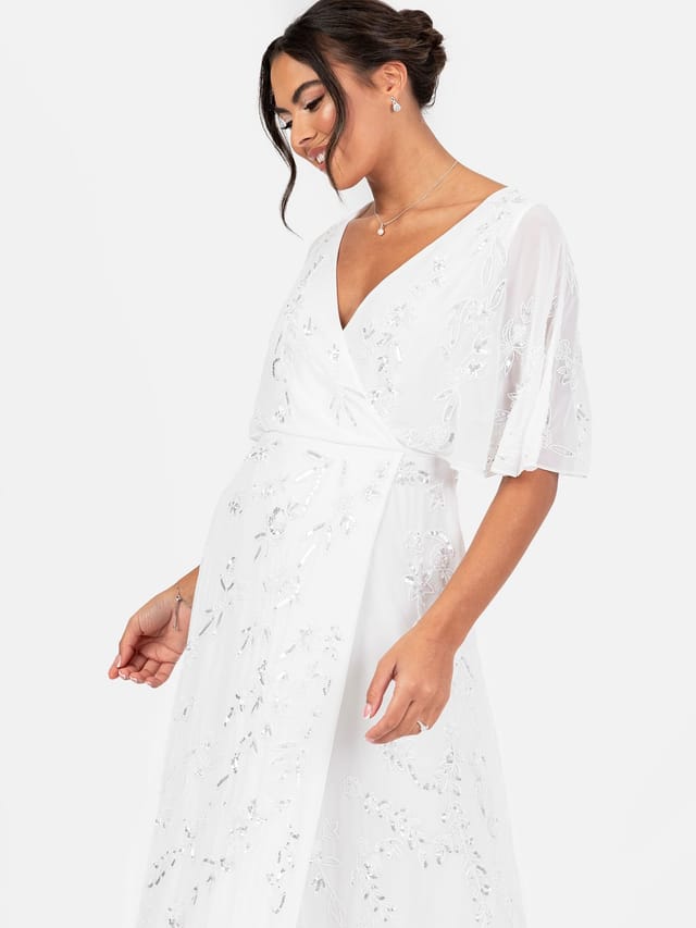 Maya Deluxe Maya Deluxe Women's Bridal Floral Embellished Cape Sleeve Faux Wrap Maxi Dress in White - 2