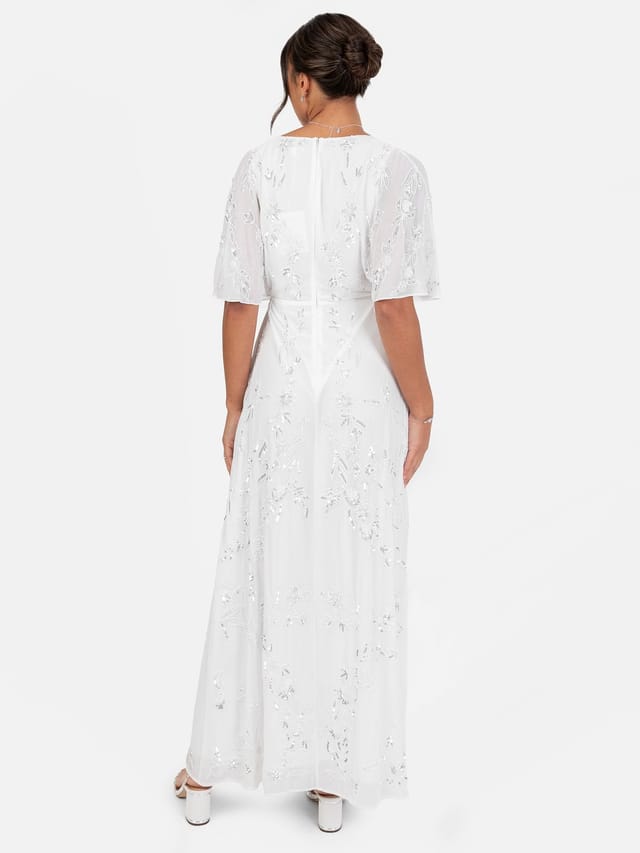 Maya Deluxe Maya Deluxe Women's Bridal Floral Embellished Cape Sleeve Faux Wrap Maxi Dress in White - 3